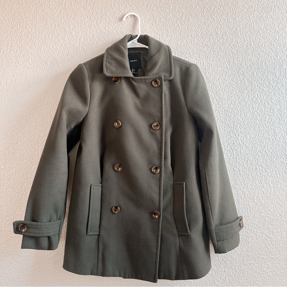 Forever 21 Olive Green / military green Peacoat Double-Breasted